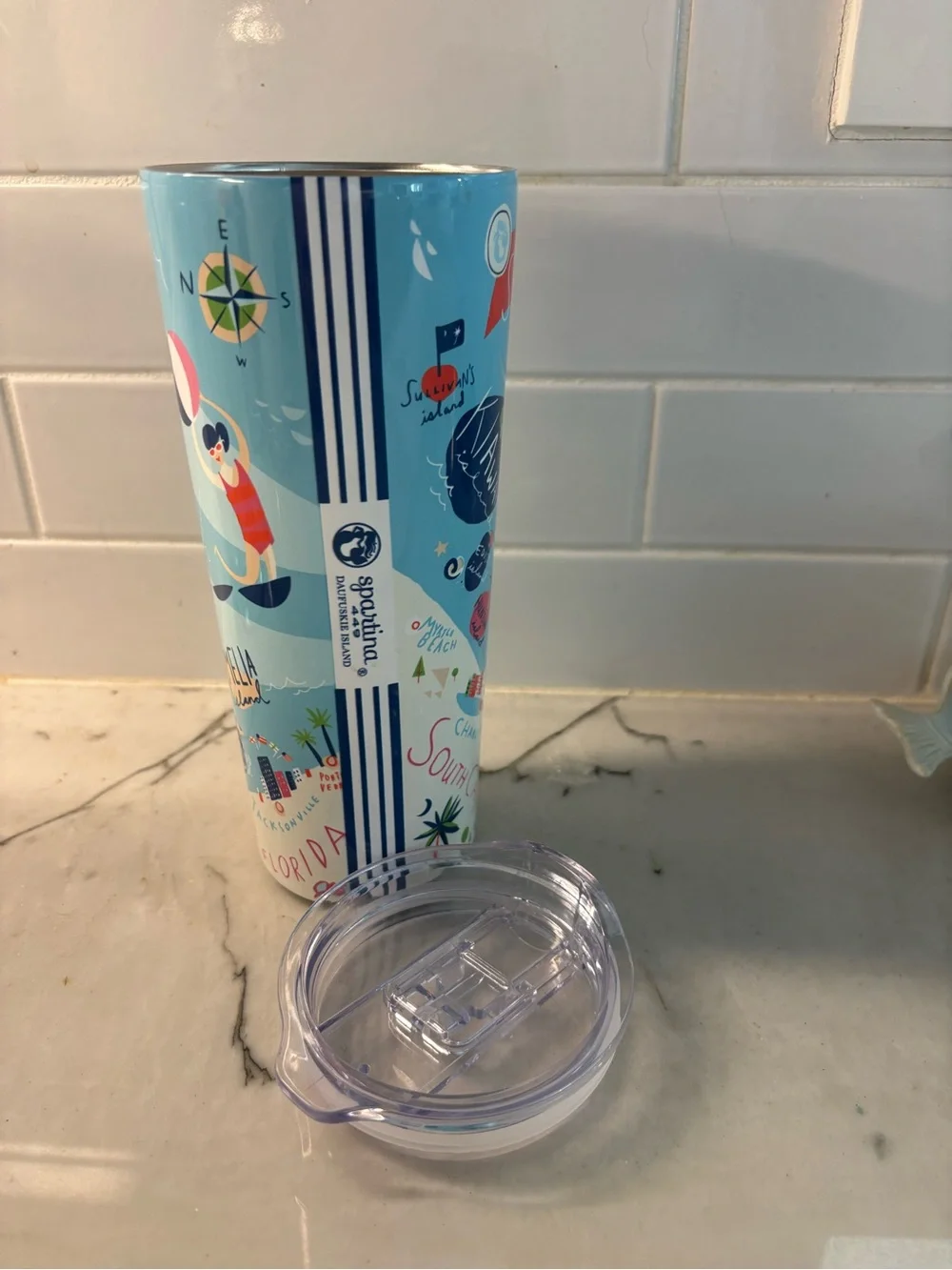 Spartina 449 Light Blue and Red Sea Islands Travel Tumbler